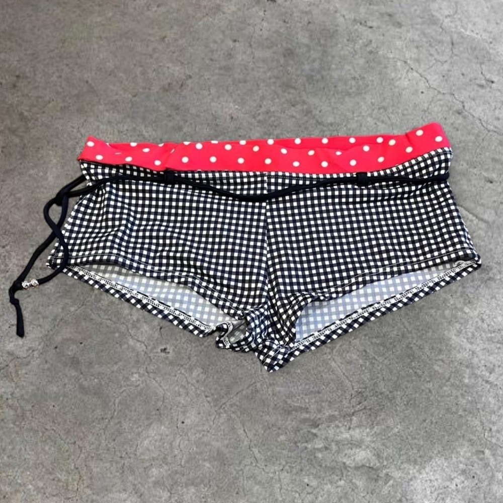 y2k black and red polka dot and gingham tie swim mini shorts size 6